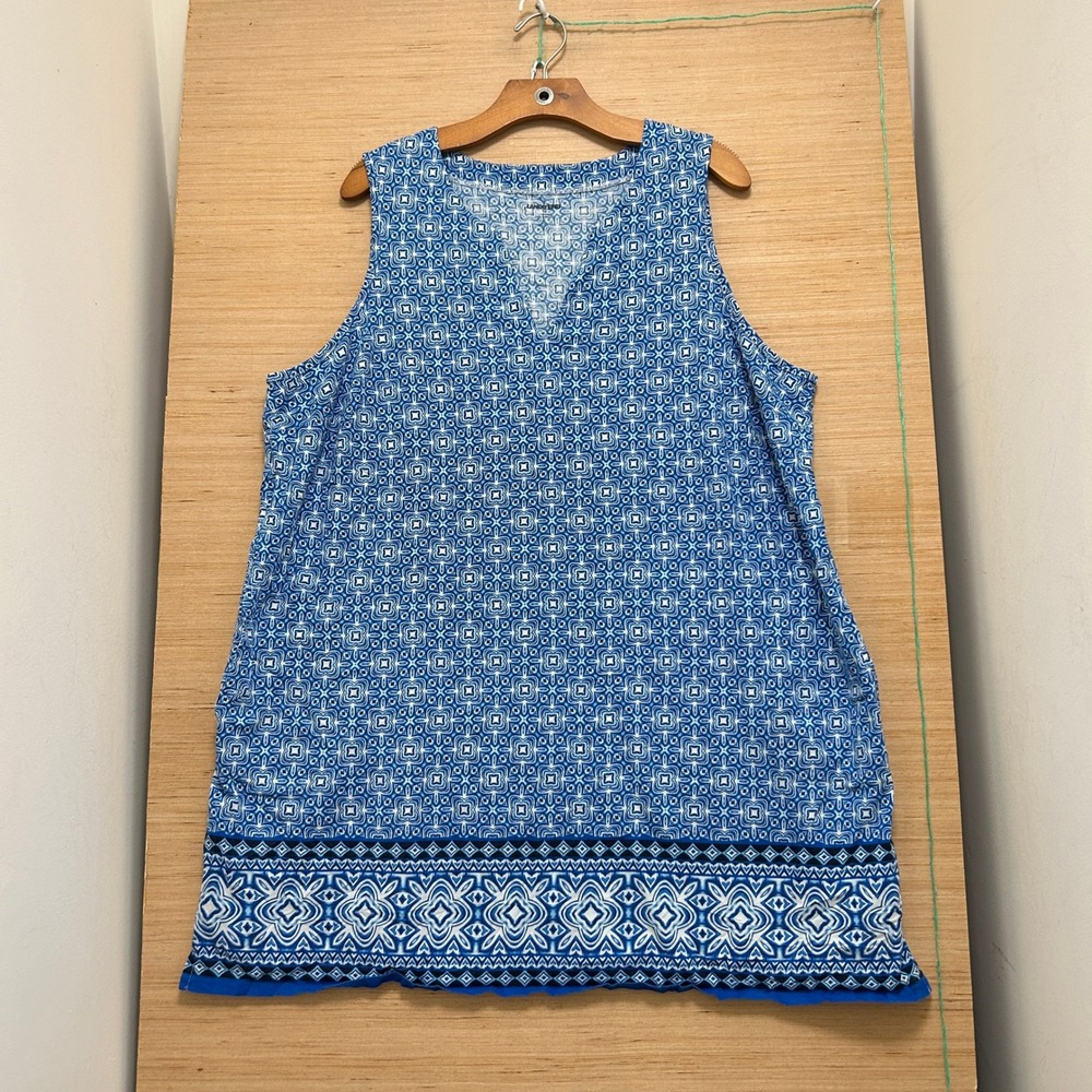 Lands End Blue Geometric Tile Print Sleeveless V-Neck Tunic Top Pockets 3X